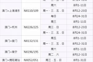 澳门航空8月1日至31日最新航班资讯