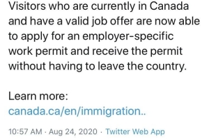 重磅！加拿大移民局允许在境内滞留的游客直接申请工签！